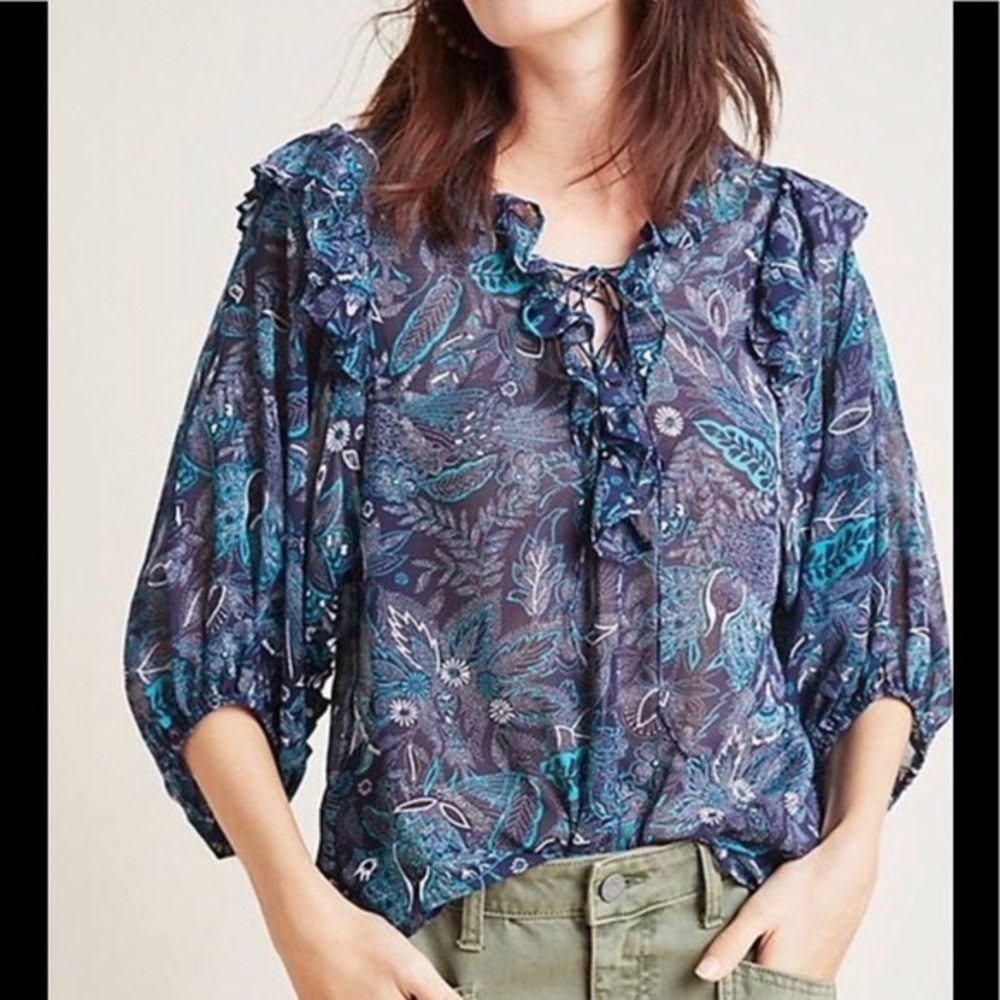 Anthropologie Blue Haida Peasant Blouse L Women’s Top Blouse